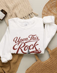 Upon This Rock Crew — white Matthew 16:18 Christian sweatshirt — folded mockup | CarryTheCross