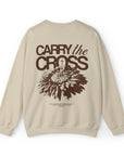 Matthew 10:34 Crew — Christian streetwear crewneck sweatshirt featuring Matthew 10:34 "I did not come to bring peace, but a sword" — flat lay | CarryTheCross