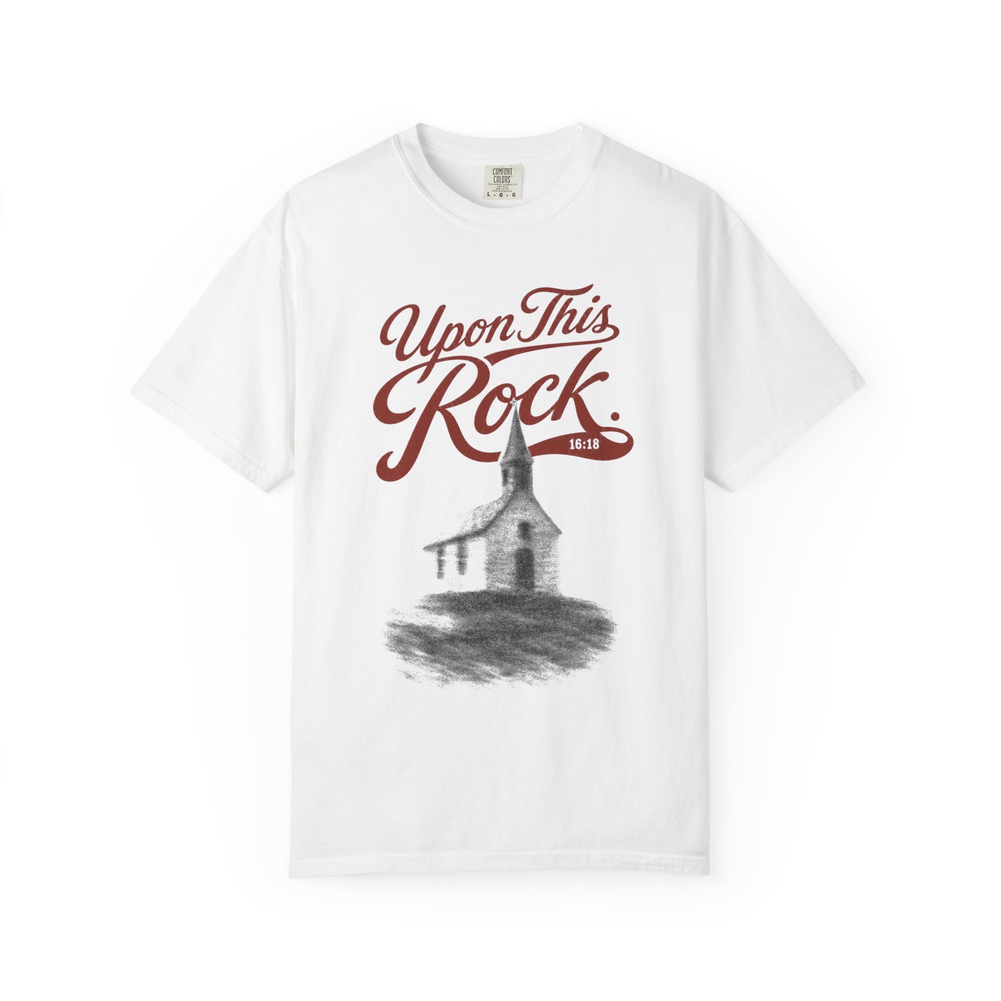 Upon This Rock Tee — white Christian t-shirt with Matthew 16:18 front graphic — front view | CarryTheCross