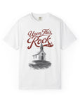 Upon This Rock Tee — white Christian t-shirt with Matthew 16:18 front graphic — front view | CarryTheCross