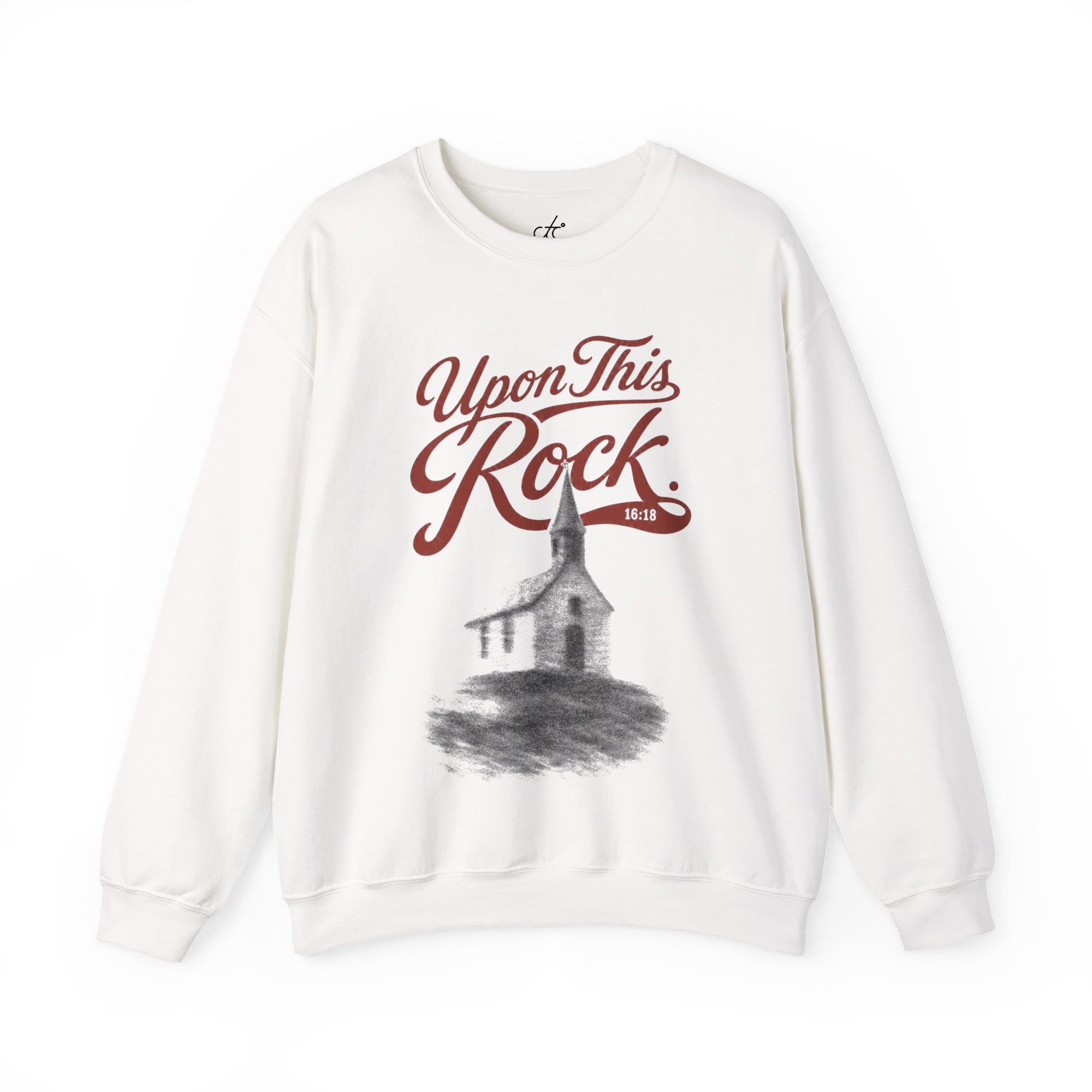 Upon This Rock Crew — white Christian crewneck with Matthew 16:18 front graphic — front view | CarryTheCross