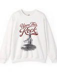 Upon This Rock Crew — white Christian crewneck with Matthew 16:18 front graphic — front view | CarryTheCross