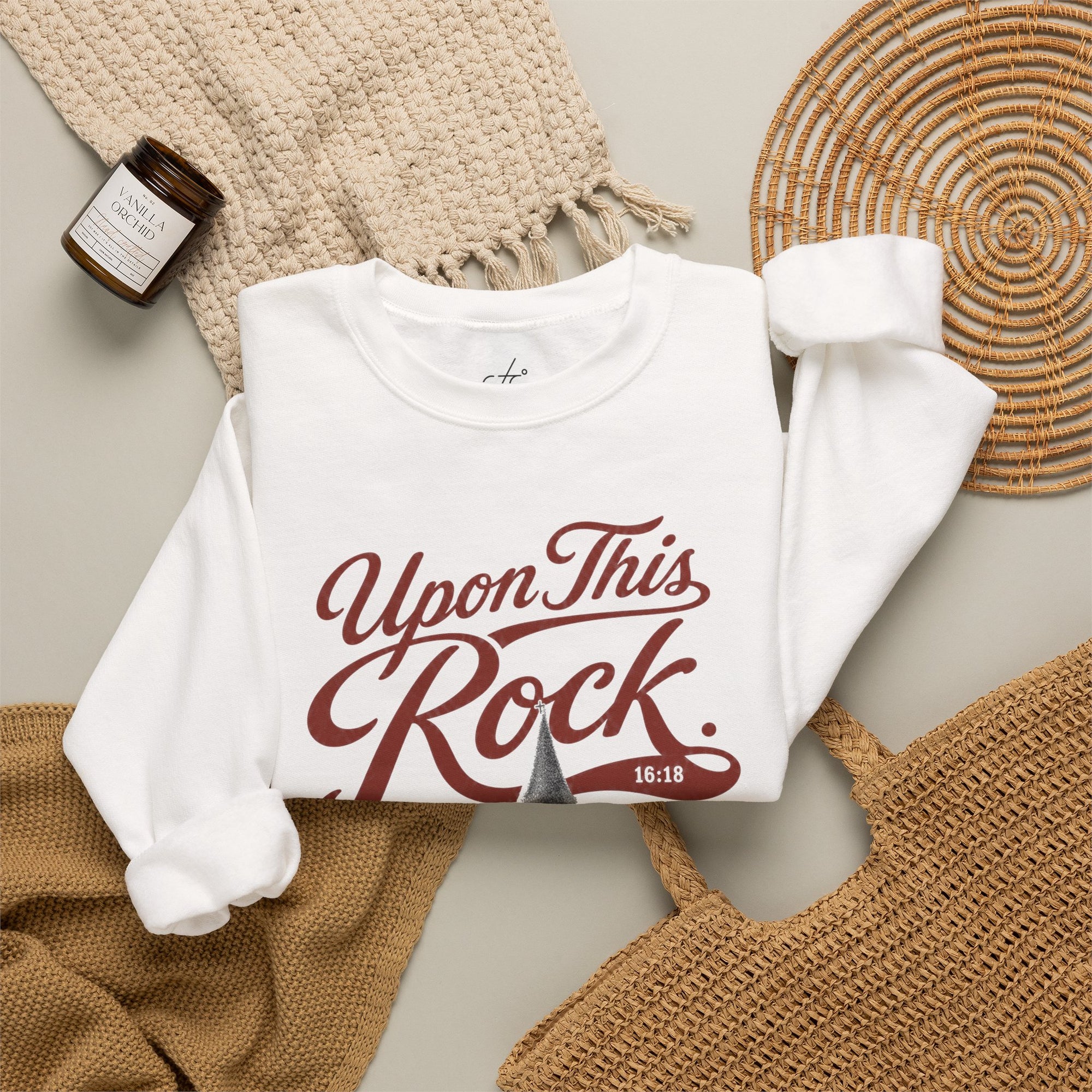 Upon This Rock Crew — white Matthew 16:18 Christian sweatshirt — folded mockup | CarryTheCross