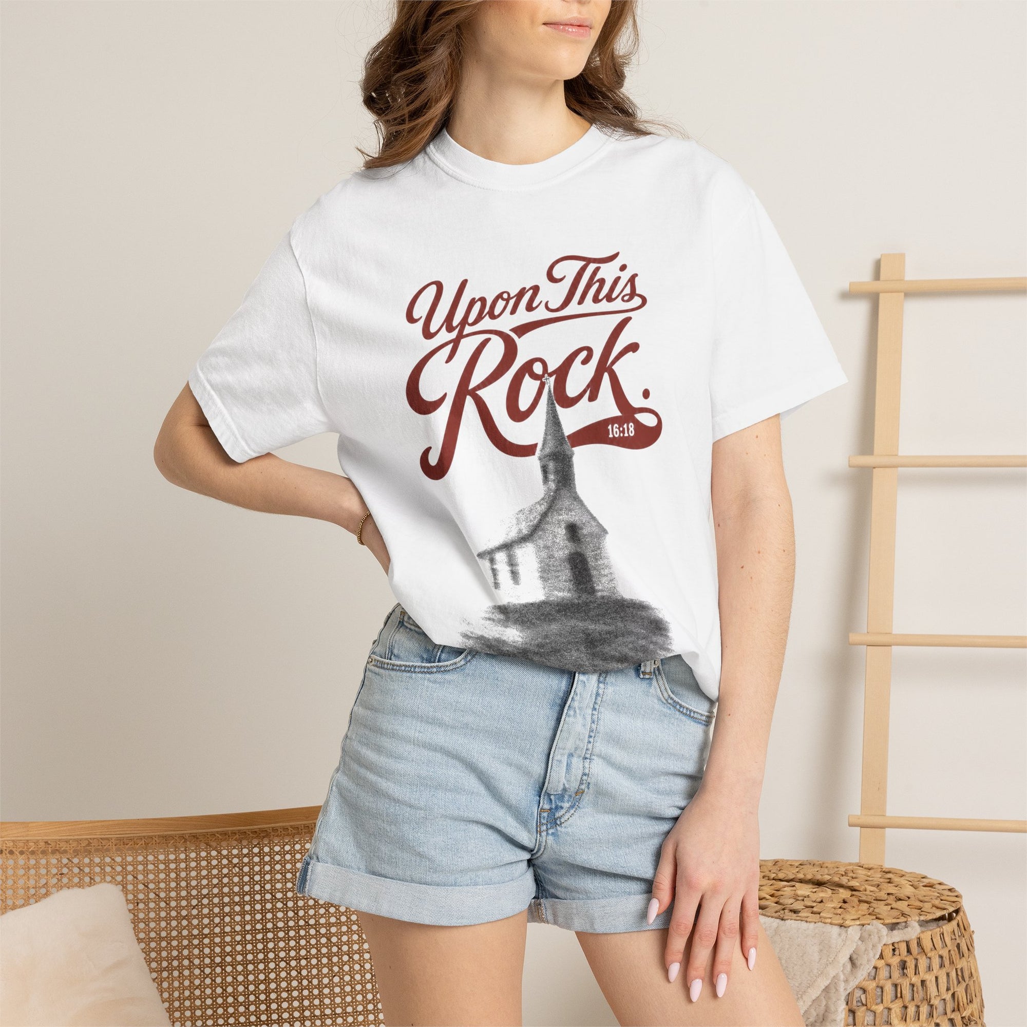 Upon This Rock Tee — white Matthew 16:18 Christian t-shirt — on-model mockup | CarryTheCross