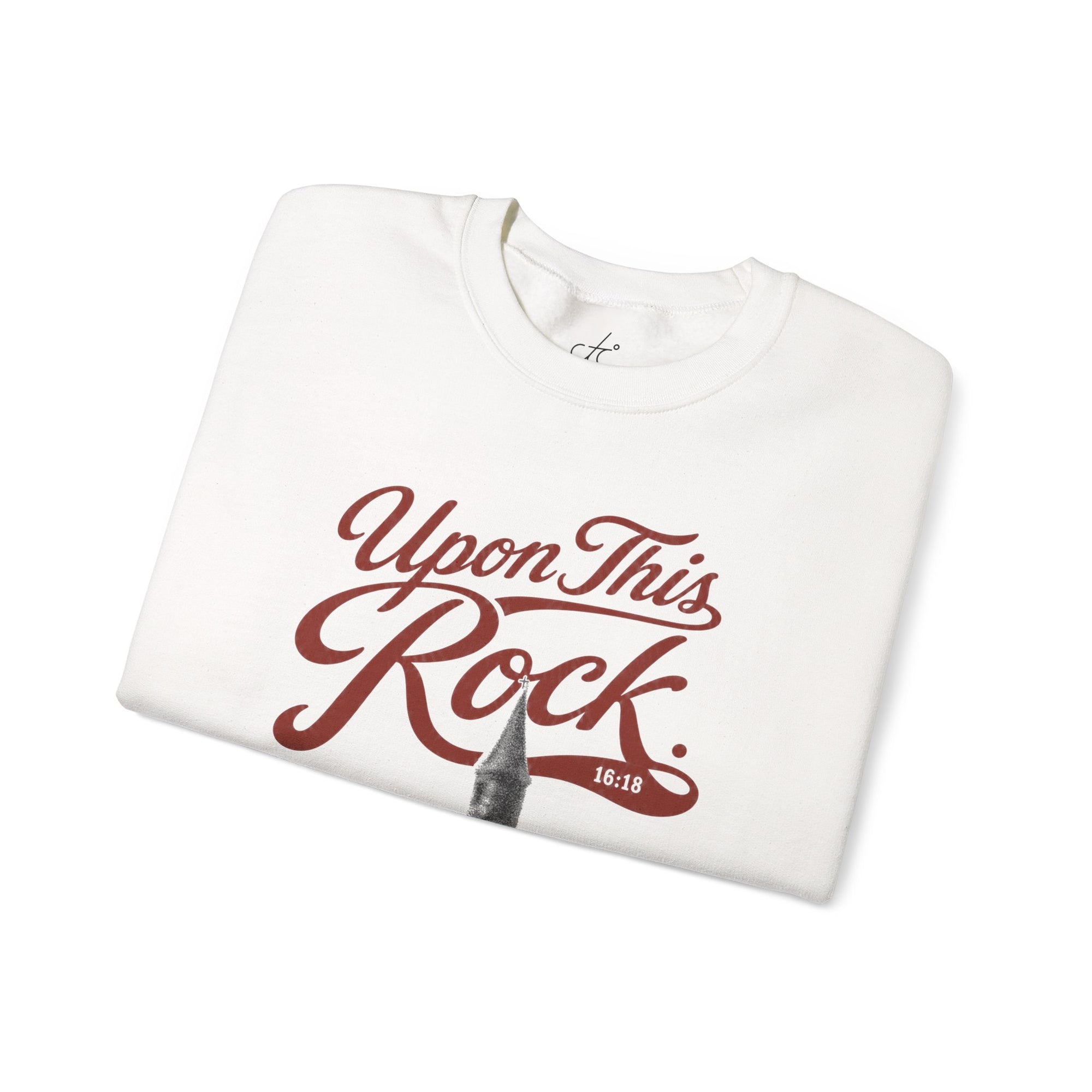 Upon This Rock Crew — white Gildan Christian sweatshirt — folded detail | CarryTheCross