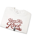 Upon This Rock Crew — white Gildan Christian sweatshirt — folded detail | CarryTheCross