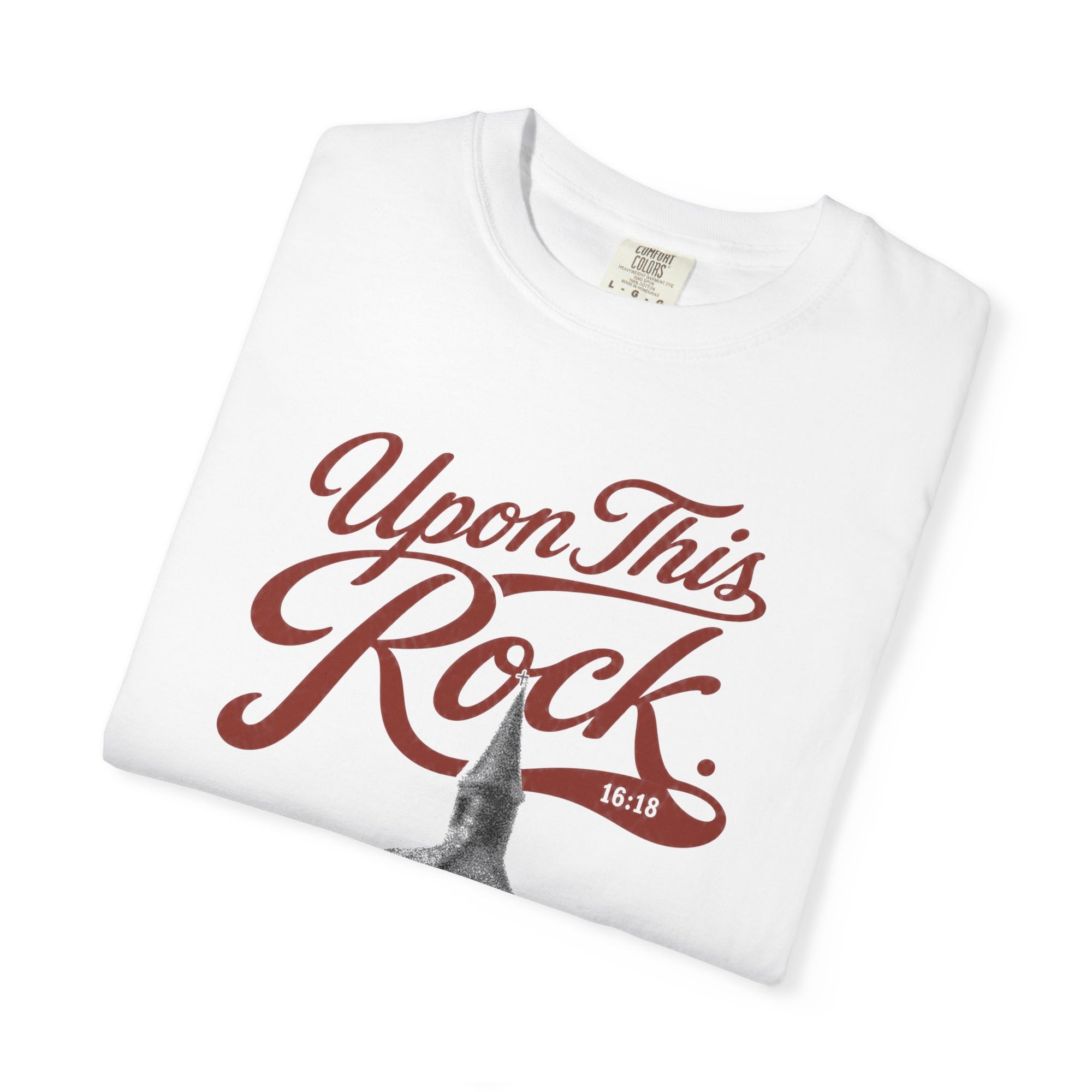 Upon This Rock Tee — white Comfort Colors Christian t-shirt — folded detail | CarryTheCross