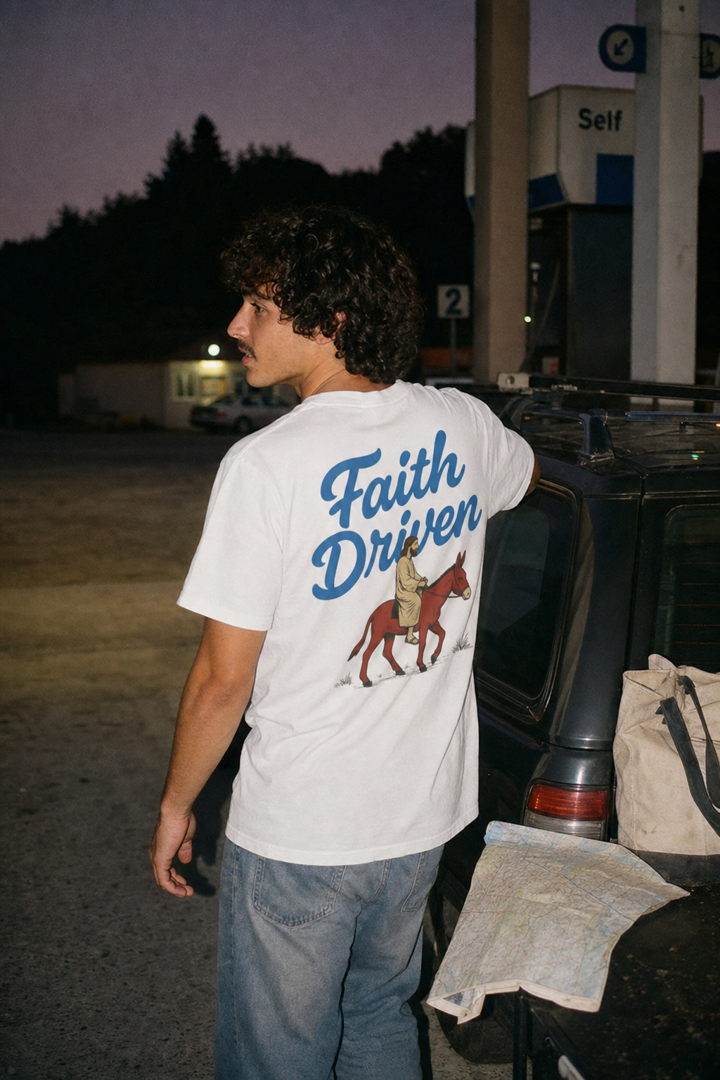 CTC approved model | pixels:70afa3309747c6b8495fb7a18c1d7b6106e82ffa441e446944cedf0bb9a25fba | CTC-029 | Faith Driven Tee | color:White | side:back