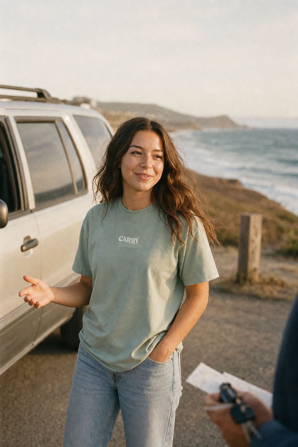 CTC approved model | pixels:80d297c17ad1f1f1d27e4a0f97793f60aef51dbad78cac0dde3a827a894e8f46 | CTC-034 | He Is Risen Tee | color:Bay | side:front