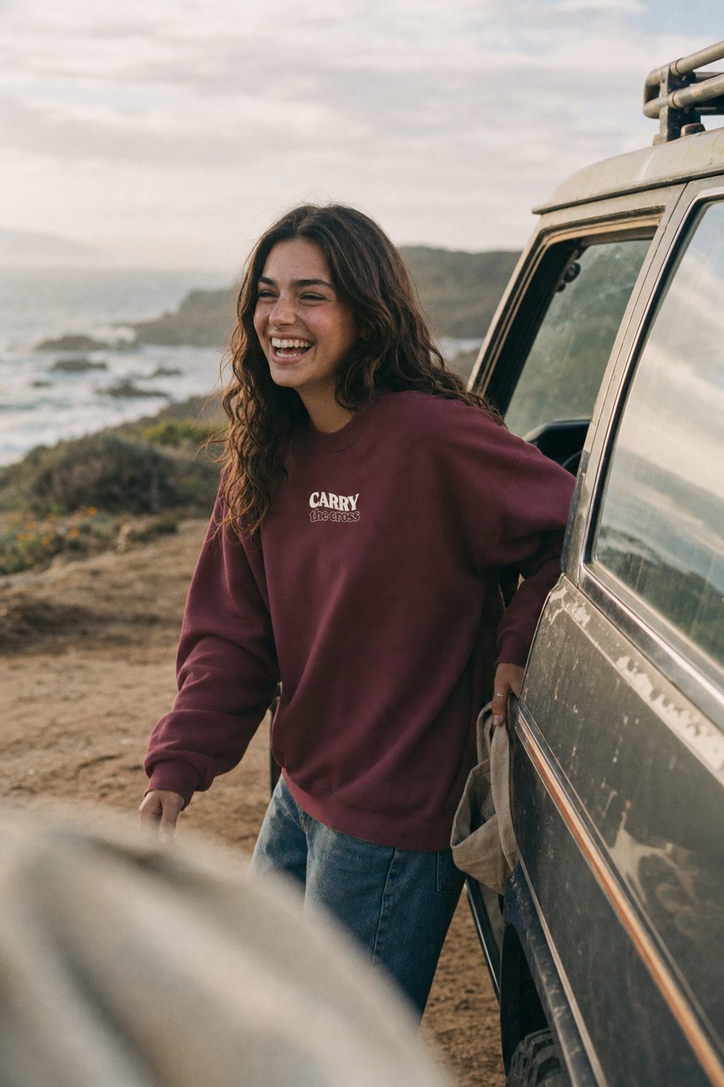 CTC approved model | CTC-035 | He Is Risen Crewneck | color:Maroon | side:front