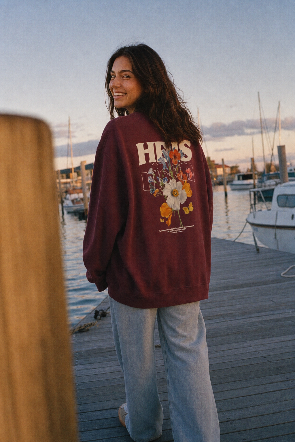CTC approved model | CTC-036 | He Is Risen Crewneck | color:Maroon | side:back