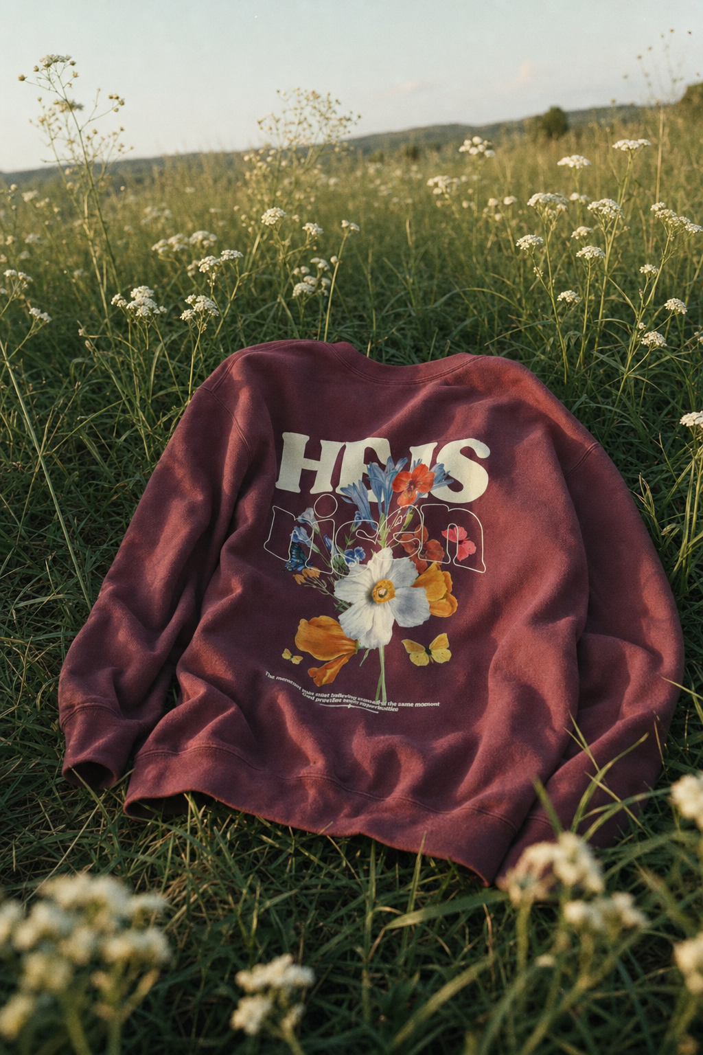 CTC approved model | pixels:3d1f22d243bf2aa68356f5bbc6cc7387e03bd5cda5d6c081a000ace930db6d9a | CTC-036 | He Is Risen Crewneck | color:Maroon | side:back