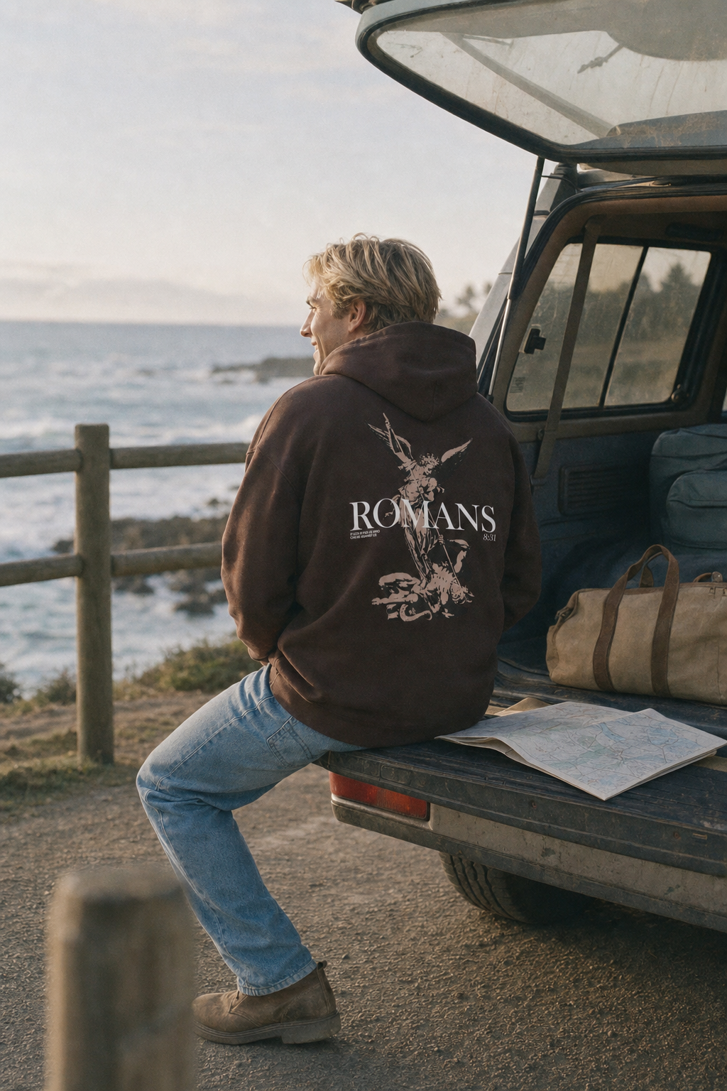 CTC approved model | pixels:d110ddd71760f01aff7e5c2de40c1972117ad8ff37614ab5f4296341feeac7dd | CTC-086 | Romans 8:31 Hoodie | color:Dark Chocolate | side:back