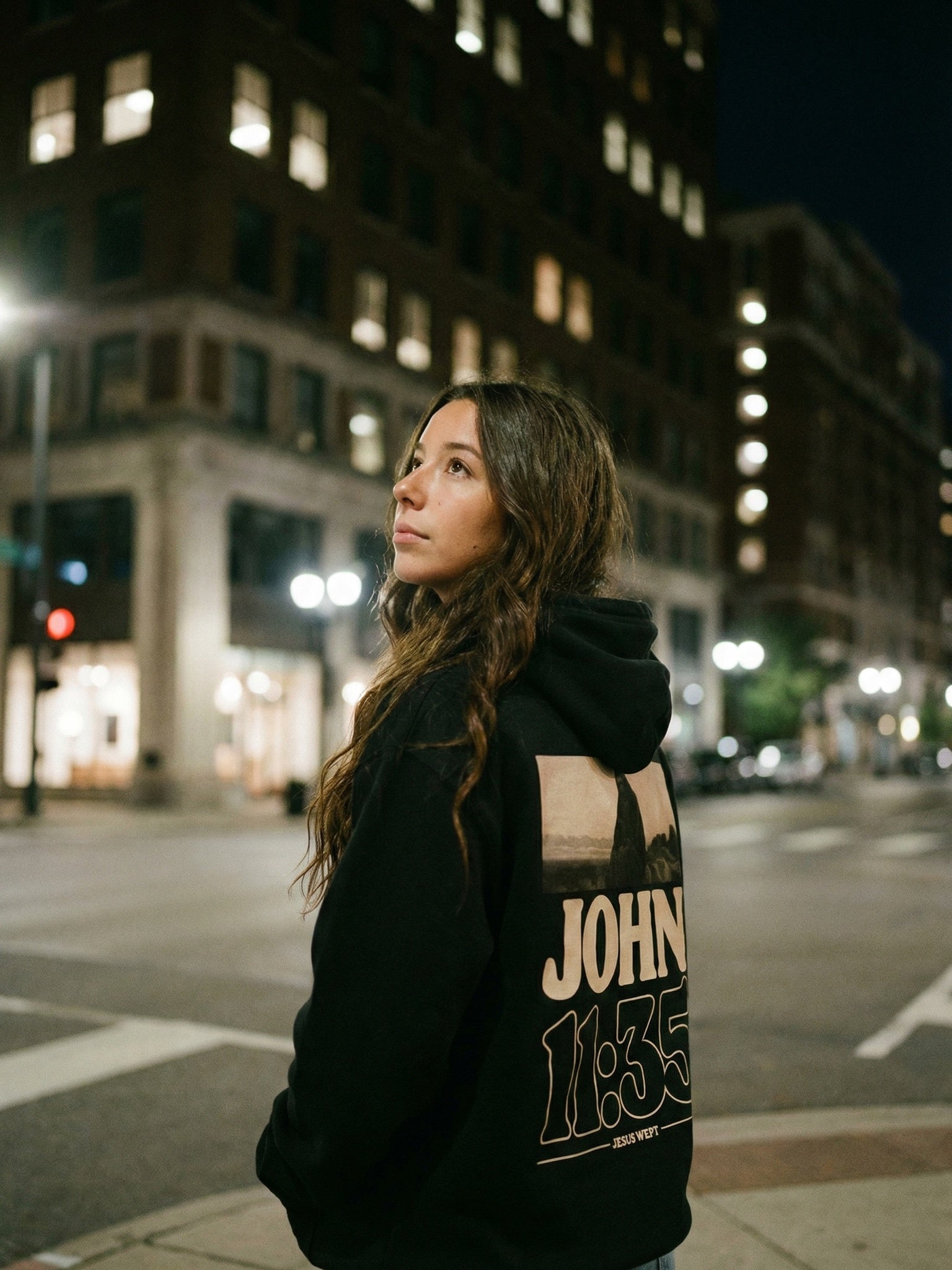 Jesus Wept hoodie — John 11:35 back print, city night