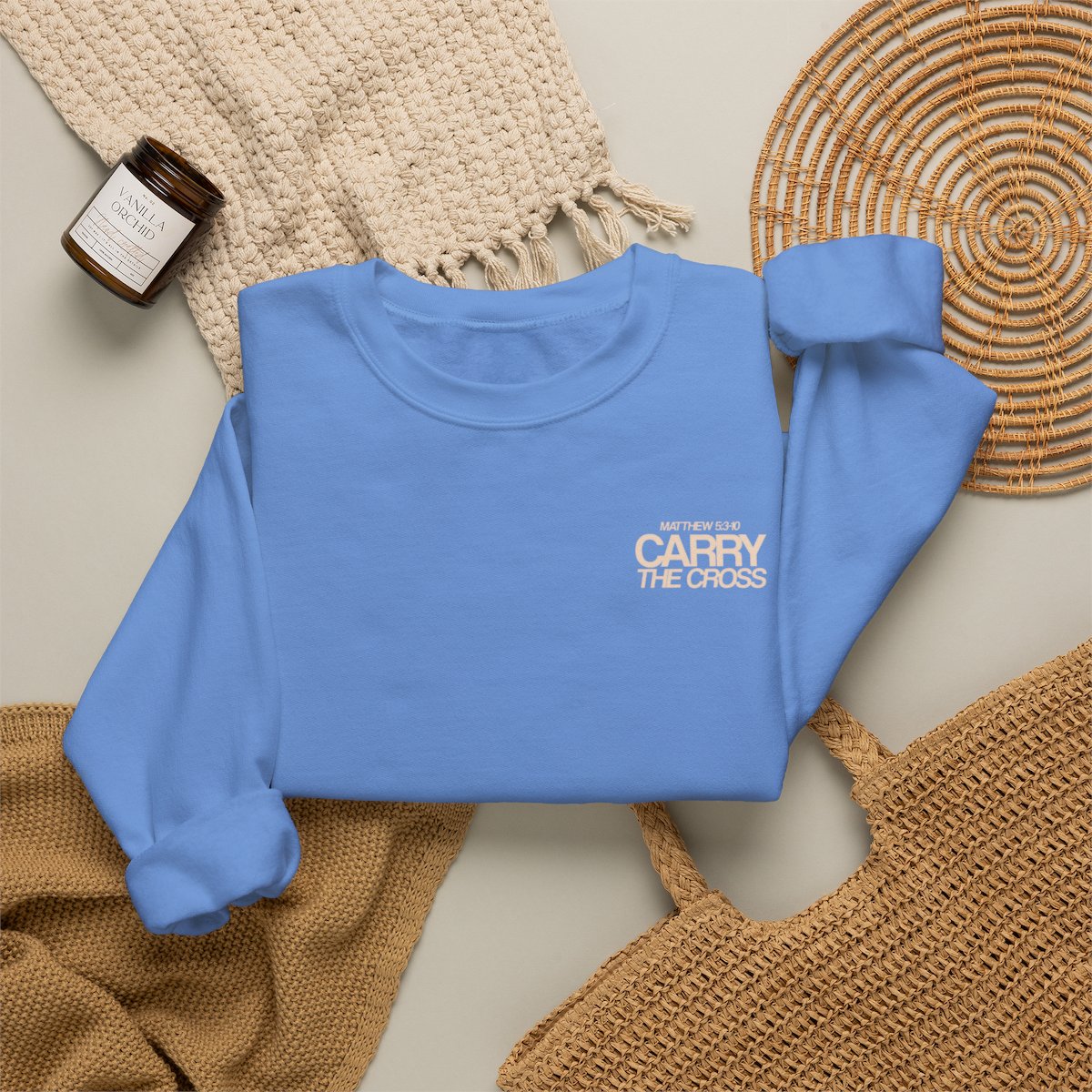 Matthew 5:3 Crew — Carolina Blue, folded 2